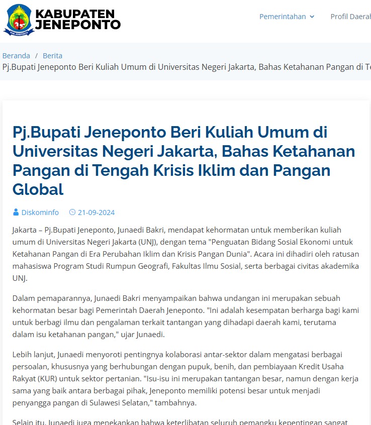 Acting Regent of Jeneponto Delivers Public Lecture at Jakarta State University: Strengthening Food Security in the Midst of the Global Climate and Food Crisis