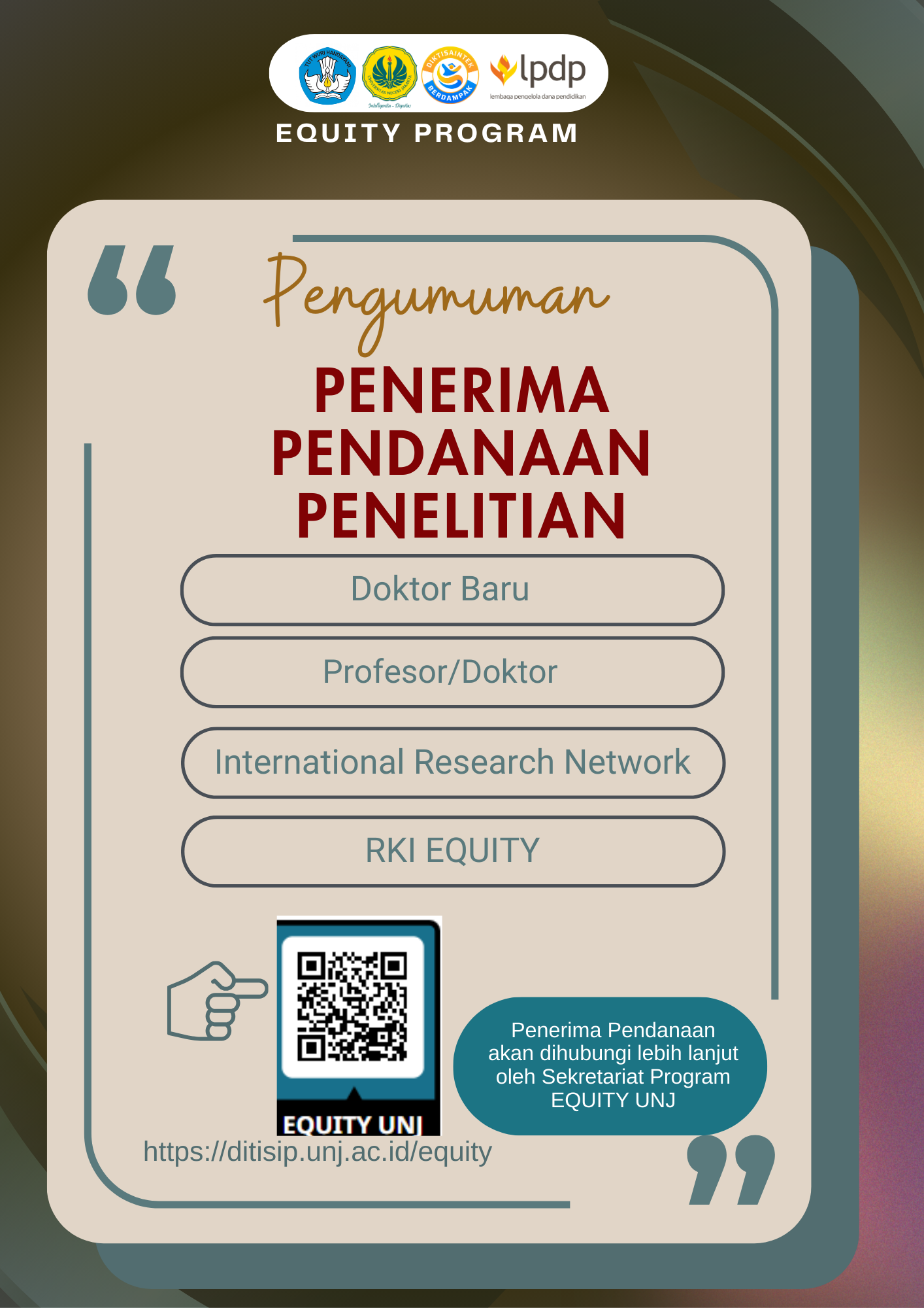 Pengumuman Pendanaan Penelitian Program EQUITY